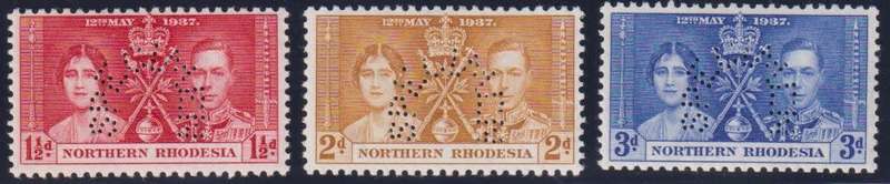 NORTHERN RHODESIA 1937 CORONATION SET PERFORATED SPECIMEN -CV R4000