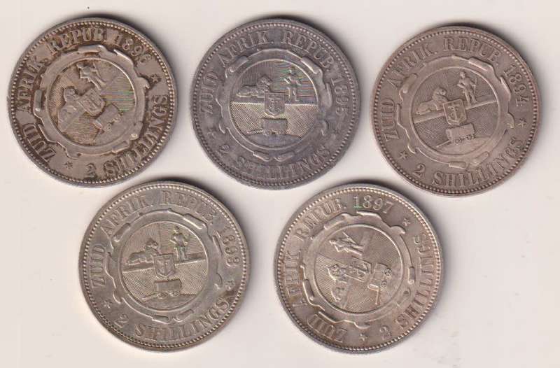 ZAR 2  SHILLINGS COIN COLLECTION -   5 coins -1893,1894,1895,1896,1897