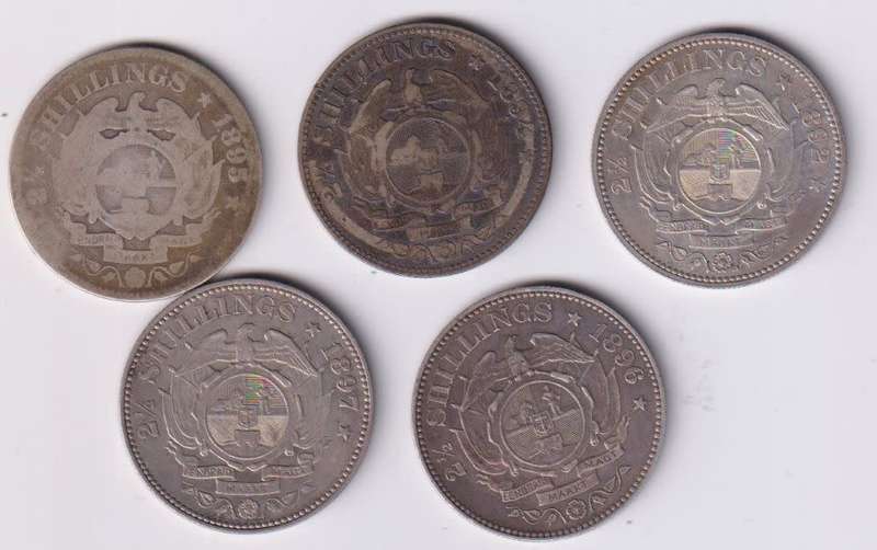 ZAR 2/6  SHILLINGS COIN COLLECTION - 5 coins - 1892,1894,1895,1896,1897