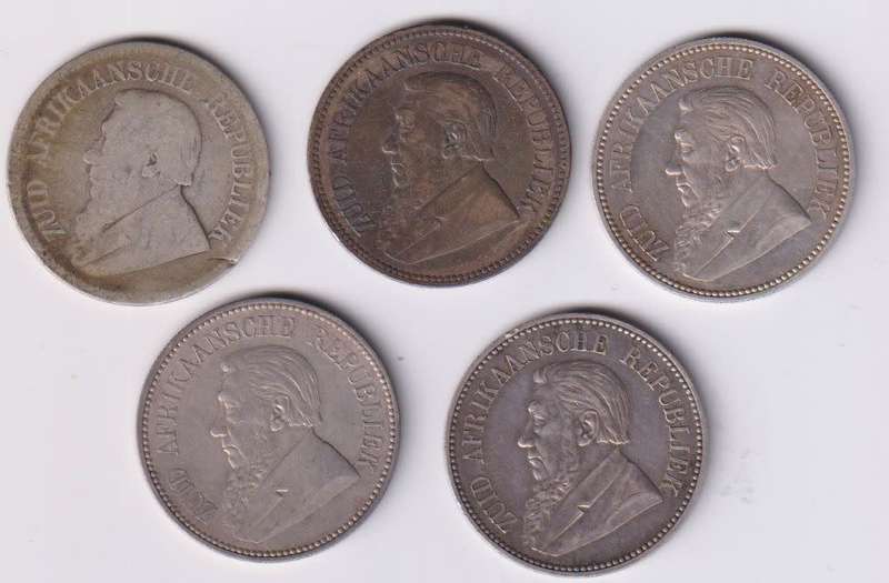 ZAR 2/6  SHILLINGS COIN COLLECTION - 5 coins - 1892,1894,1895,1896,1897