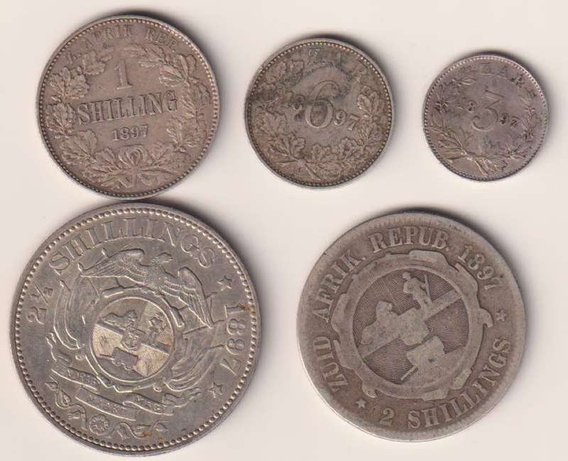 ZAR  COIN COLLECTION - 5 coins - 1897 - 3d, 6d, 1 Shilling, 2 Shillings, 2/6 Shillings