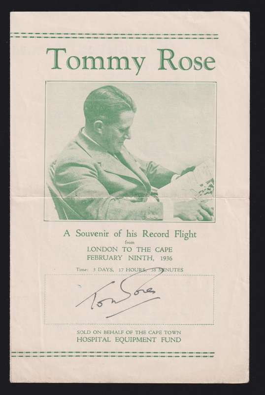 1936 TOMMY ROSE RECORD  FLIGHT LONDON - JOHANNESBURG BOOKLET