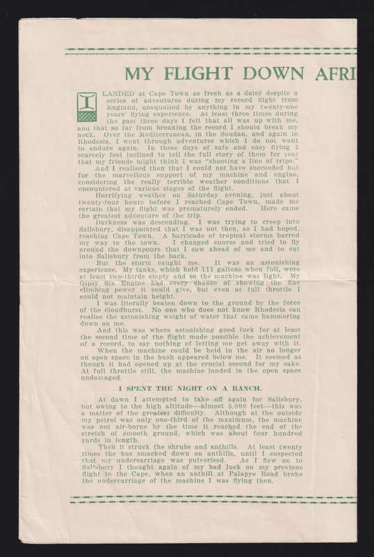 1936 TOMMY ROSE RECORD  FLIGHT LONDON - JOHANNESBURG BOOKLET