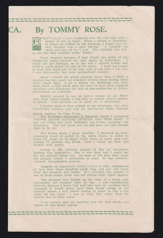 1936 TOMMY ROSE RECORD  FLIGHT LONDON - JOHANNESBURG BOOKLET
