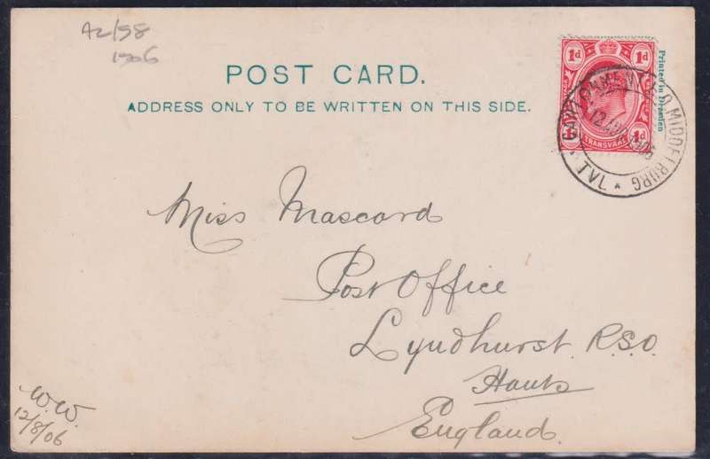 TRANSVAAL 1906 `CANTONMENT MIDDELBURG` POSTCARD (BELFAST)