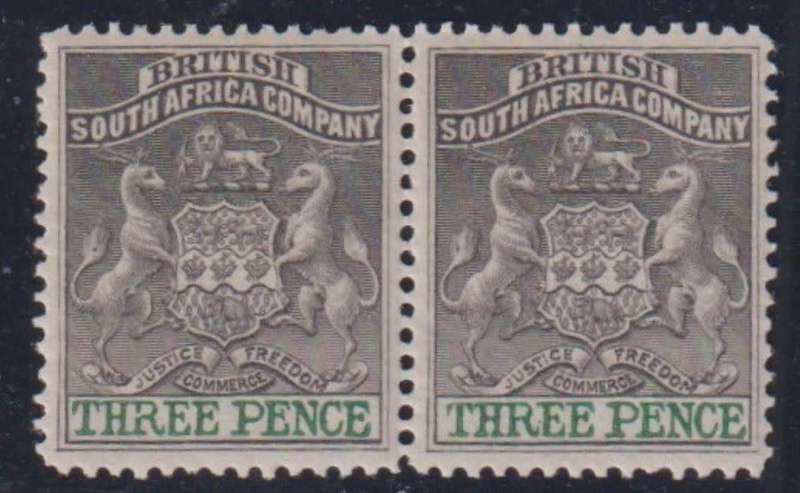 BSAC RHODESIA 1892 3d PAIR SUPERB LIGHTLY HINGED MINT