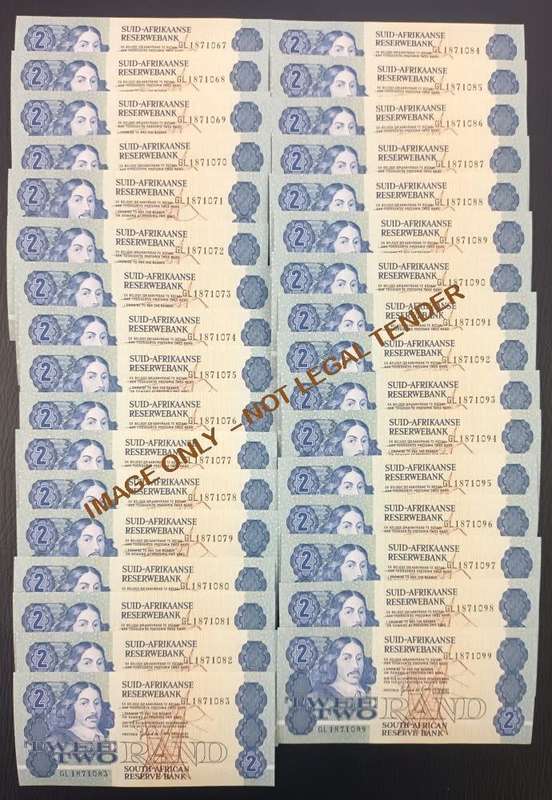 TWO RAND UNC GPC DE KOCK  BANKNOTES X 33 - SOME CONSECUTIVE #`s