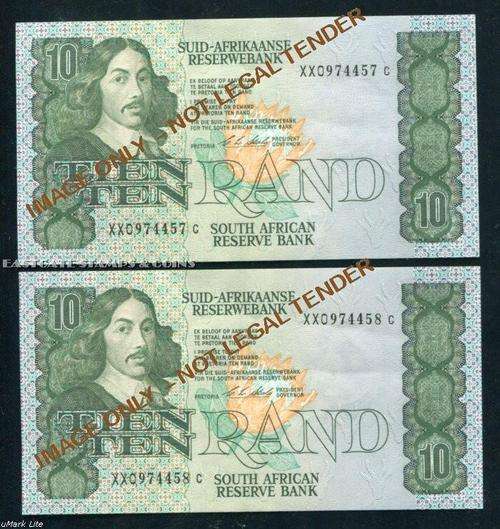 TEN RAND STALS UNC RELACEMENT BANKNOTES IN SERIES X 2 NOTES -  XX  SERIES