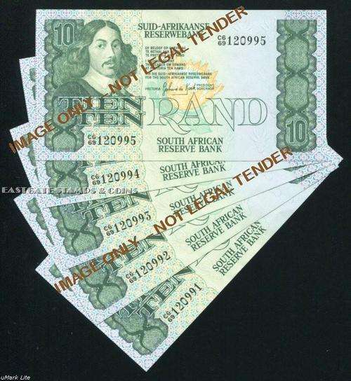 SOUTH AFRICA TEN RAND G DE KOCK UNC BANKNOTES IN SERIES 2ND ISSUE X 5 NOTES - 19825