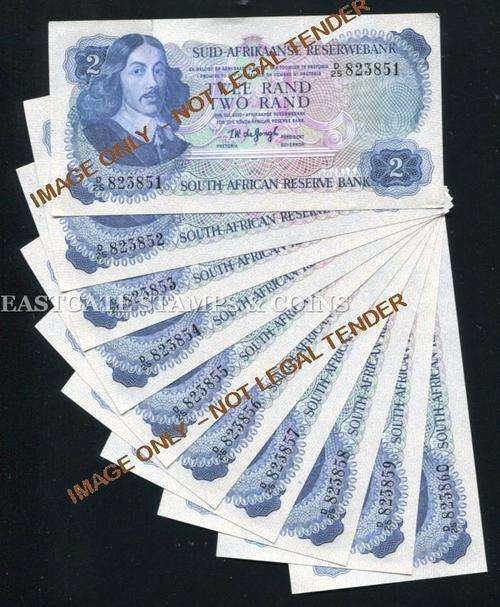 SOUTH AFRICAN  DE JONGH UNC TWO RAND BANKNOTES IN SERIES  X 10  NOTES 2nd ISSUE 1974. GREAT BATCH!!