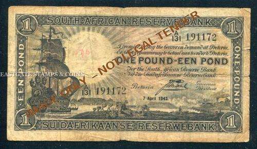 SOUTH AFRICAN  POSTMUS ONE POUND 1ST ISSUE BANKNOTE DATED  7 APRIL 1943