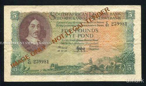 FIVE POUND M H DE KOCK BANKNOTE - DATED 12/12/1957