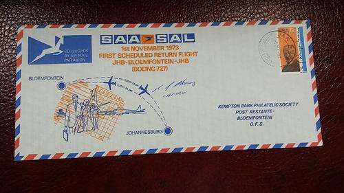 SAA 1st FLIGHT JOBURG - BLOEM SIGNED 1973!
