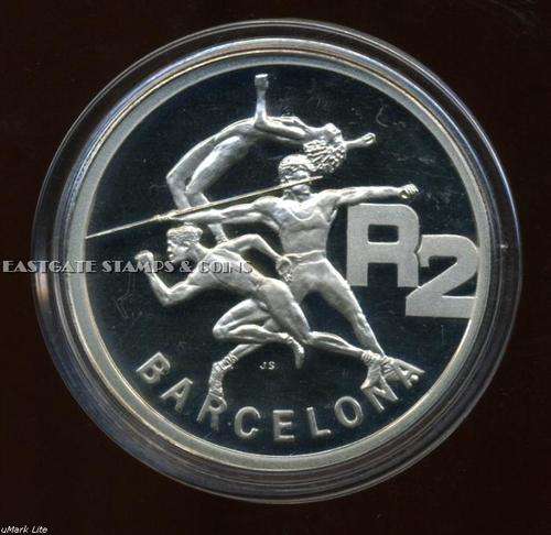 SOUTH AFRICA  - 1992 - R2 PROOF BARCELONA OLYMPICS  - IN CAPSULE & SA MINT BOX