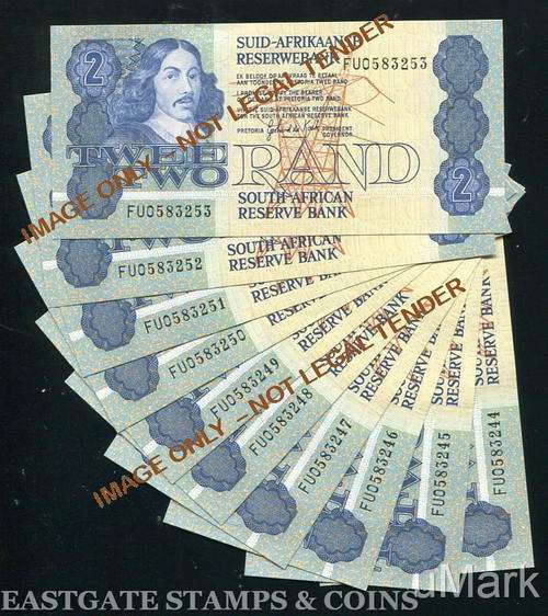 G DE KOCK UNC TWO RAND BANKNOTES IN SERIES X 10 NOTES - 3RD ISSUE