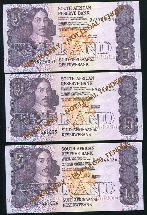 FIVE RAND aunc STALS BANKNOTES IN SERIES X 3 - 1ST ISSUE 1990