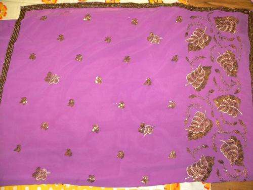 Beautiful Purple/Black Current Coloured Crape Saree With Full Handwork.