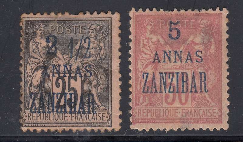FRENCH PO IN ZANZIBAR, 1896 PEACE AND COMMERCE TYPE SURCHARGED INDIAN CURRENCY LOT MOUNTED. CV  R630