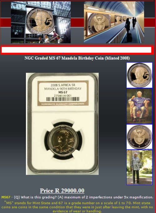 2008 NELSON MANDELA 90TH BIRTHDAY R5 NGC GRADED MS 67 SCARCE HIGH GRADE!!