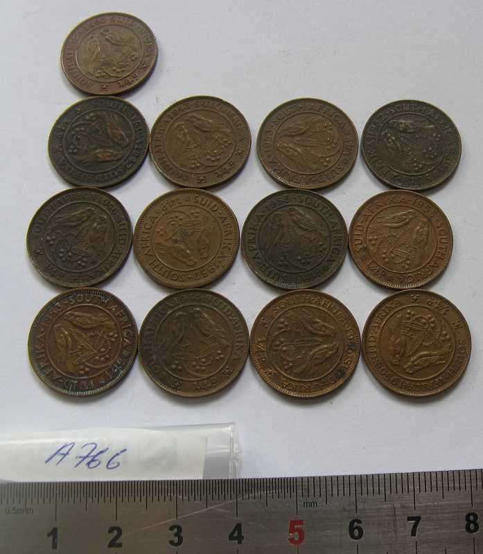 SOUTH AFRICA 1/4D x 13. 1942/43/44/46/50 x3/52/53 x3/55/57. (A766).