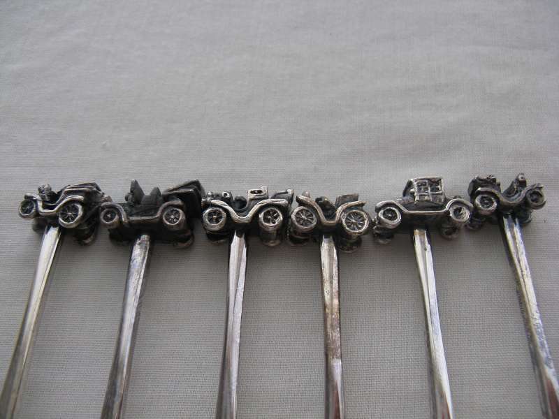 KELTUM-HOLLAND VINTAGE CARS EPNS LONG DRINK SPOONS x 6. ORIGINAL BOX.