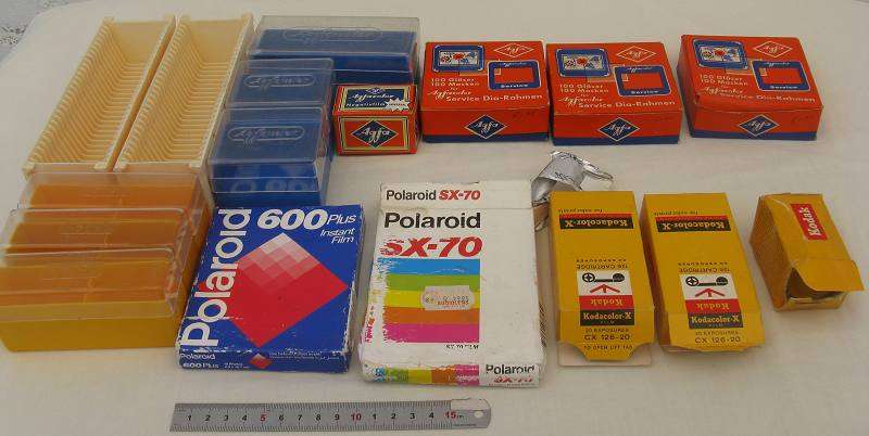 AGFA GLASS SLIDES, KODAC/POLAROID FILM, SLIDES TRAY/CONTAINERS & OTHER COMBO. BID FOR THE LOT.