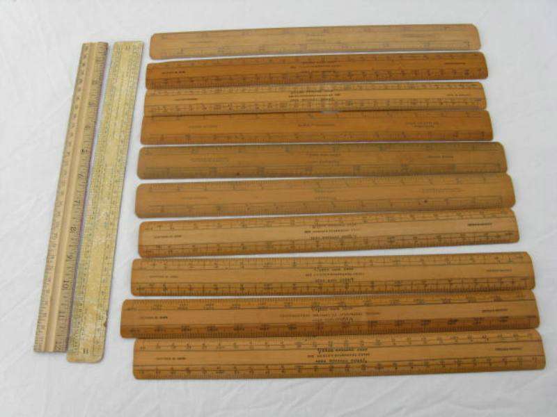 VINTAGE 11 WOODEN RULERS & 1 CARDBOARD RULER.(CR6)