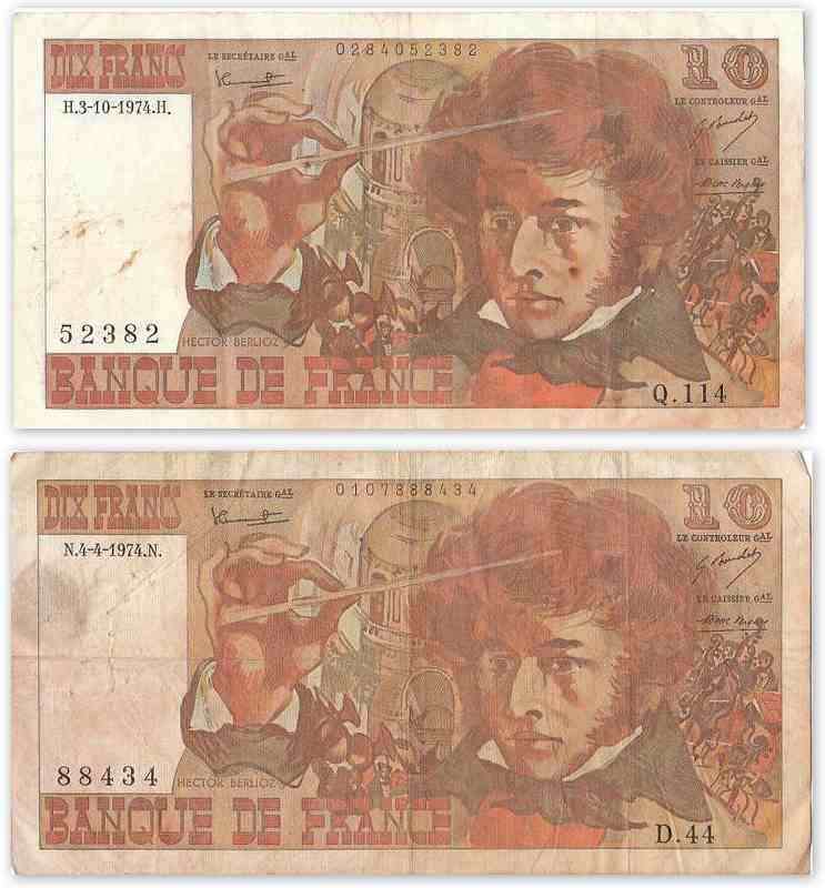 FRENCH BANKNOTES, HECTOR BERLIOZ, 10 DIX FRANCS x 2.