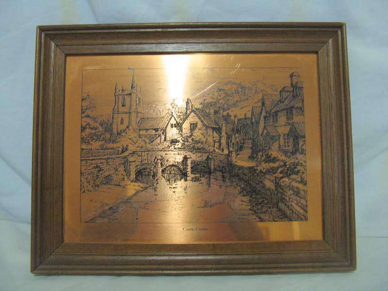 COPPER ETCHING OF CASTLE COMBE MADE IN ENGLAND. L 30.7cm x W 24.3cm.