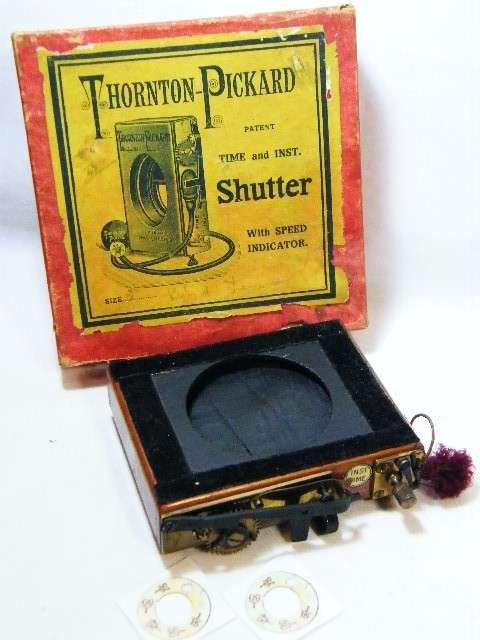 Antique Thornton-Pickard wooden camera shutter in original box - as per photo