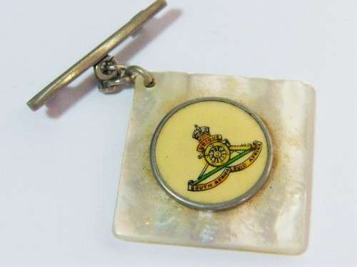 WW2 SA Field artillery sweetheart fob on mother of pearl backing