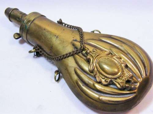 Antique American embossed brass scallop shell gun powder flask - circa 1850`s