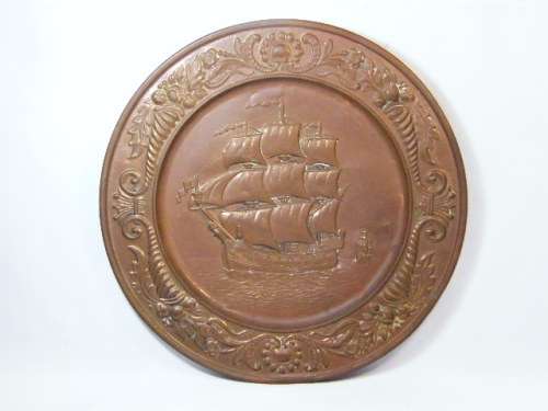 Vintage copper wall hanging plate with ship theme