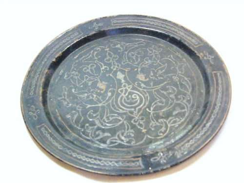 Antique copper wall hanging plate - painted black - hook repaired