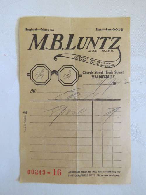 Invoice from M.B.Luntz, chemist and optician , 2 February 1942, Church street, Malmesbury