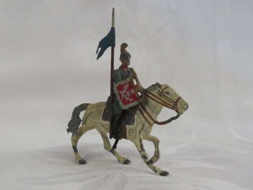 Vintage Cavalry lead soldier on horse with flag and trumpet - Leg broken