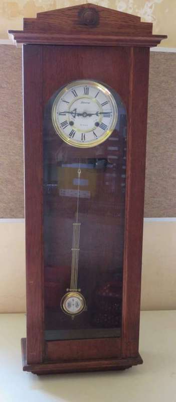 Blessing 31 day wall clock with oak case -Working - With pedulum - Dial is excellent - 104cm height