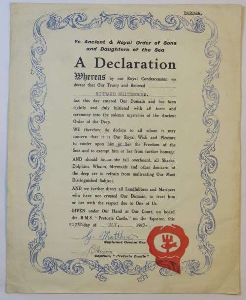 Certificate for the crossing of the Equator dated 6th of May 1949