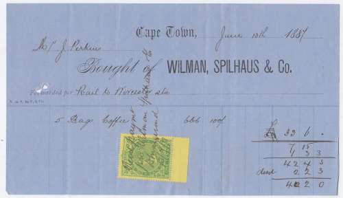 Franked invoice 1887 Issued by Wilman,Spilhaus and Co. to Jas Perkins to the amount of £40-2-0
