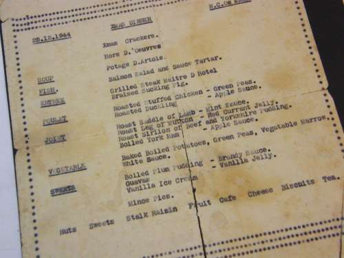 WW2 Christmas dinner menu - 1944 signed on back by all attended  - came from collection of Lt. Jack