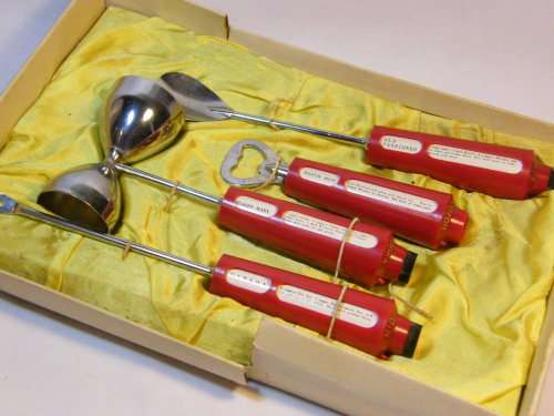 Vintage bar tool set with recipes in handles - bottle opener is missing its turning knob