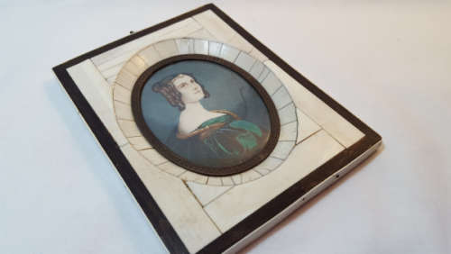 Antique miniature portrait painting by JK Stieler in wood and bone frame