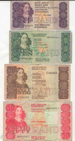 Lot of 4 old South Africa banknotes - R5, R10, R20 and R50