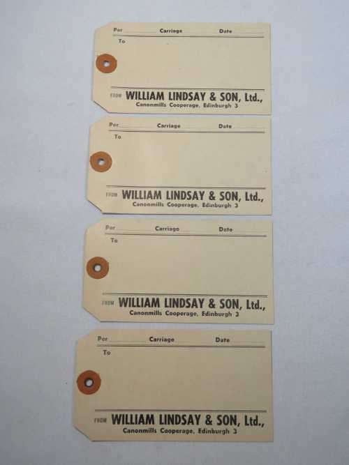Lot of 4 William Lindsay and Son, Ltd. Canonmills cooperage parcel lables - Unused