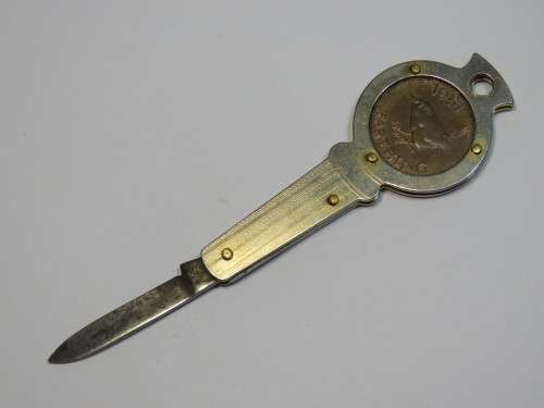 Key shaped coin pocket knife with 1951 British Farthing