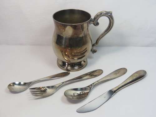 Set of vintage WMF 90 cutlery and silver plated mug - Marked `Peter` on all pieces