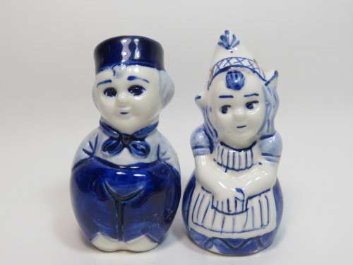 Blue and White porcelain boy and girl salt and pepper shakers