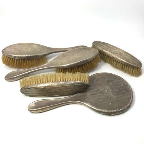 Vintage Silver Grooming Set with 4 Brushes a Mirror ( Slightly damaged ) Hallmarked