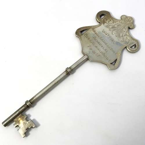 Vintage Silver Commemorative Key issued to Mev. FH Engelbrecht for hostel opening in Brandvlei