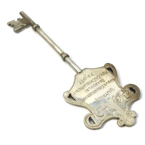 Vintage Silver Commemorative Key issued to Mev. FH Engelbrecht for hostel opening in Brandvlei